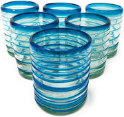 Hand Blown Mexican Drinking Glasses – Set of 6 Tumbler Glasses with an Aqua Spiral Design (10 oz each)