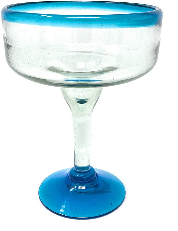 Mexican Hand Blown Glass – Set of 4 Hand Blown Margarita Glasses (16 oz) with Aqua Blue Rims - Dos Sueños