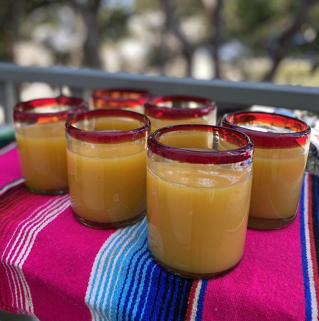 Mundgeblasene mexikanische Trinkgläser – Set mit 6 Trinkgläsern mit rotem Rand (je 274 ml)