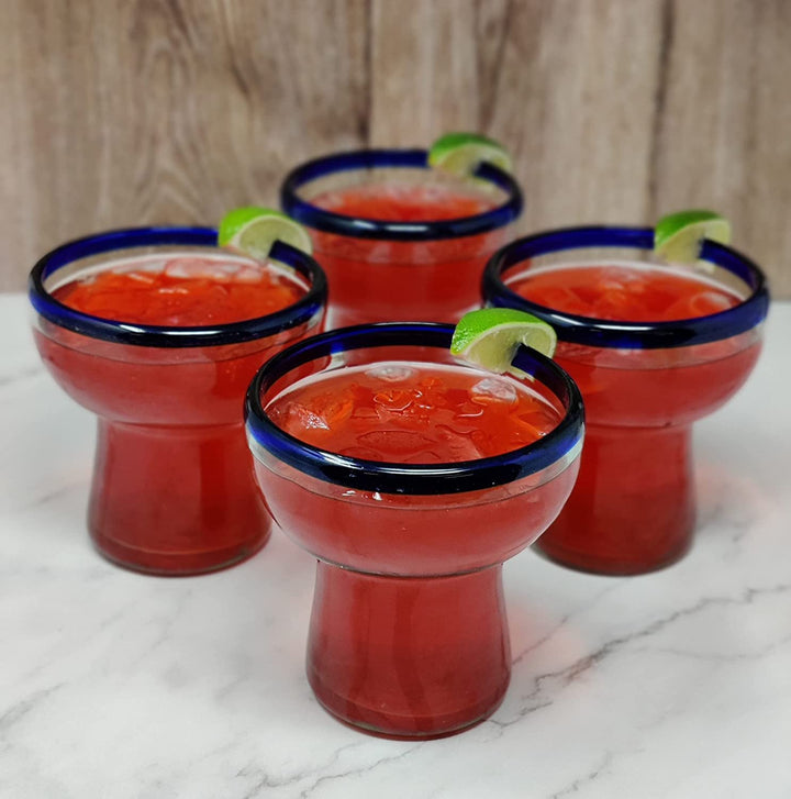 Dos Sueños Mexikanisches mundgeblasenes Glas – Set mit 4 mundgeblasenen, stiellosen Margarita-Gläsern mit blauem Rand (14 Unzen)