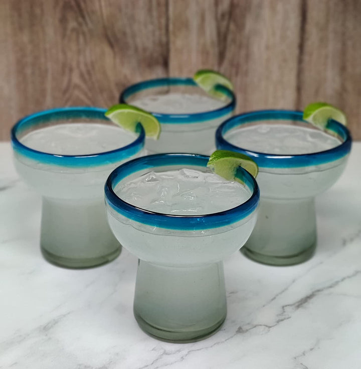 Dos Sueños Mexikanisches mundgeblasenes Glas – Set mit 4 mundgeblasenen Margarita-Gläsern ohne Stiel mit Aquarand (14oz)