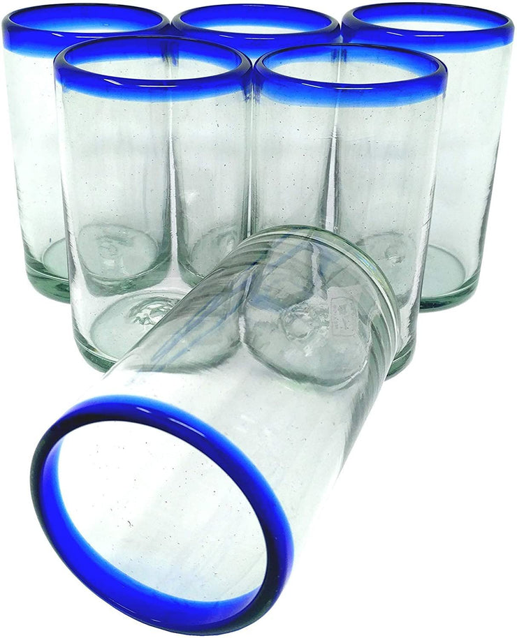 Hand Blown Mexican Drinking Glasses – Set of 6 Glasses with Cobalt Blue Rims (14 oz each) - Dos Sueños