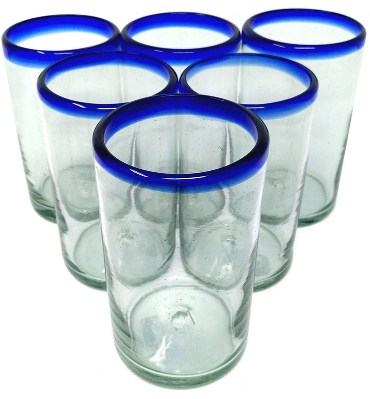 Cobalt Blue Rim Drinking Glasses - Set of 6 (14 oz each)