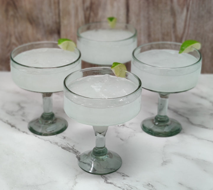 Mexican Hand Blown Glass – Set of 4 Natural Clear Hand Blown Margarita Glasses (16 oz)