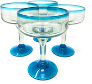 Mexican Hand Blown Glass – Set of 4 Hand Blown Margarita Glasses (16 oz) with Aqua Blue Rims - Dos Sueños