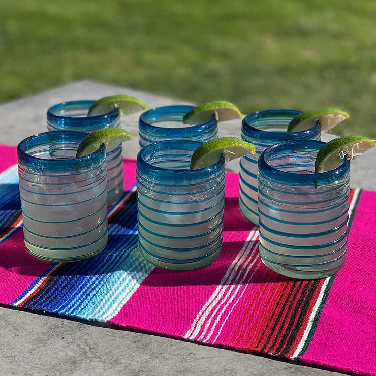 Hand Blown Mexican Drinking Glasses – Set of 6 Tumbler Glasses with an Aqua Spiral Design (10 oz each)