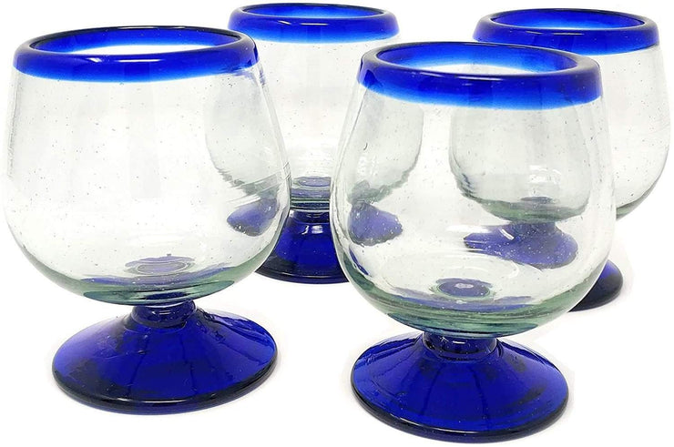 Mexican Hand Blown Glass – Set of 4 Hand Blown Cognac Snifter Glasses - Cobalt Blue Rim - Dos Sueños