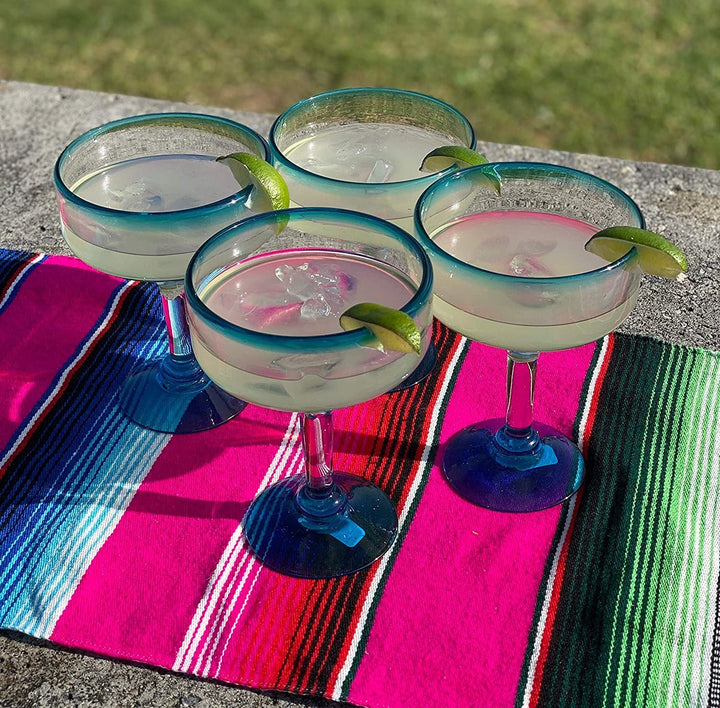 Mexican Hand Blown Glass – Set of 4 Hand Blown Margarita Glasses (16 oz) with Aqua Blue Rims - Dos Sueños