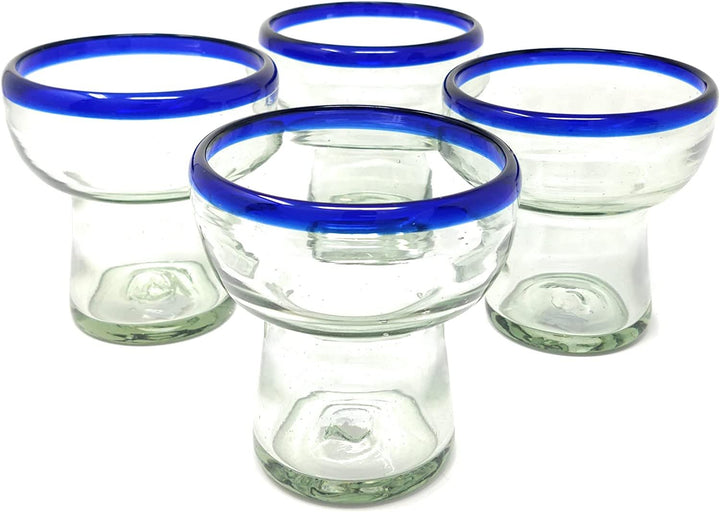 Dos Sueños Mexikanisches mundgeblasenes Glas – Set mit 4 mundgeblasenen, stiellosen Margarita-Gläsern mit blauem Rand (14 Unzen)