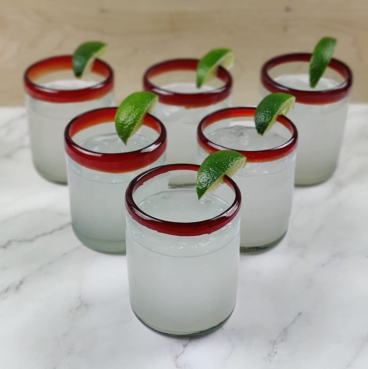 Hand Blown Mexican Drinking Glasses - Set of 6 Tumbler Glasses with Red Rims (10 oz each)