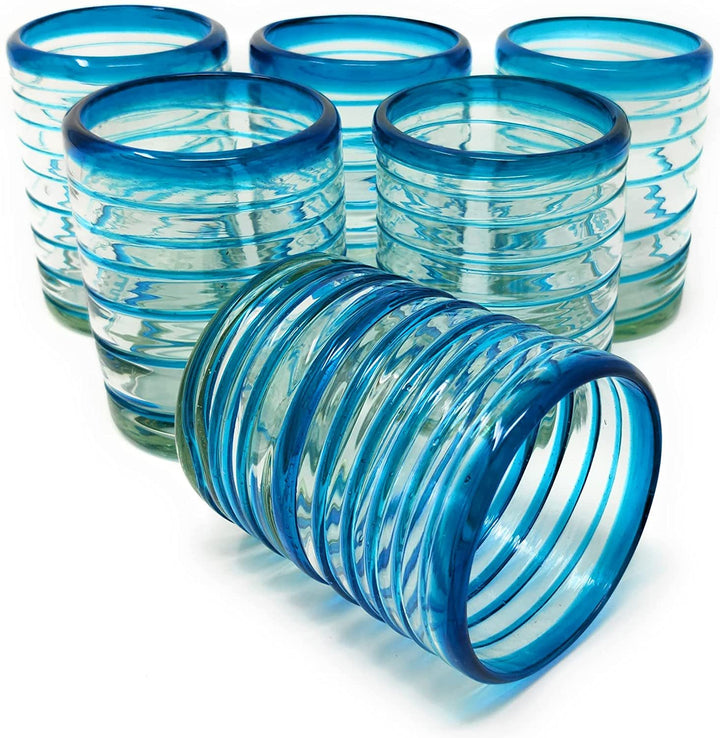 Mundgeblasene mexikanische Trinkgläser – Set aus 6 Trinkgläsern mit Aqua-Spiral-Design (je 274 ml)