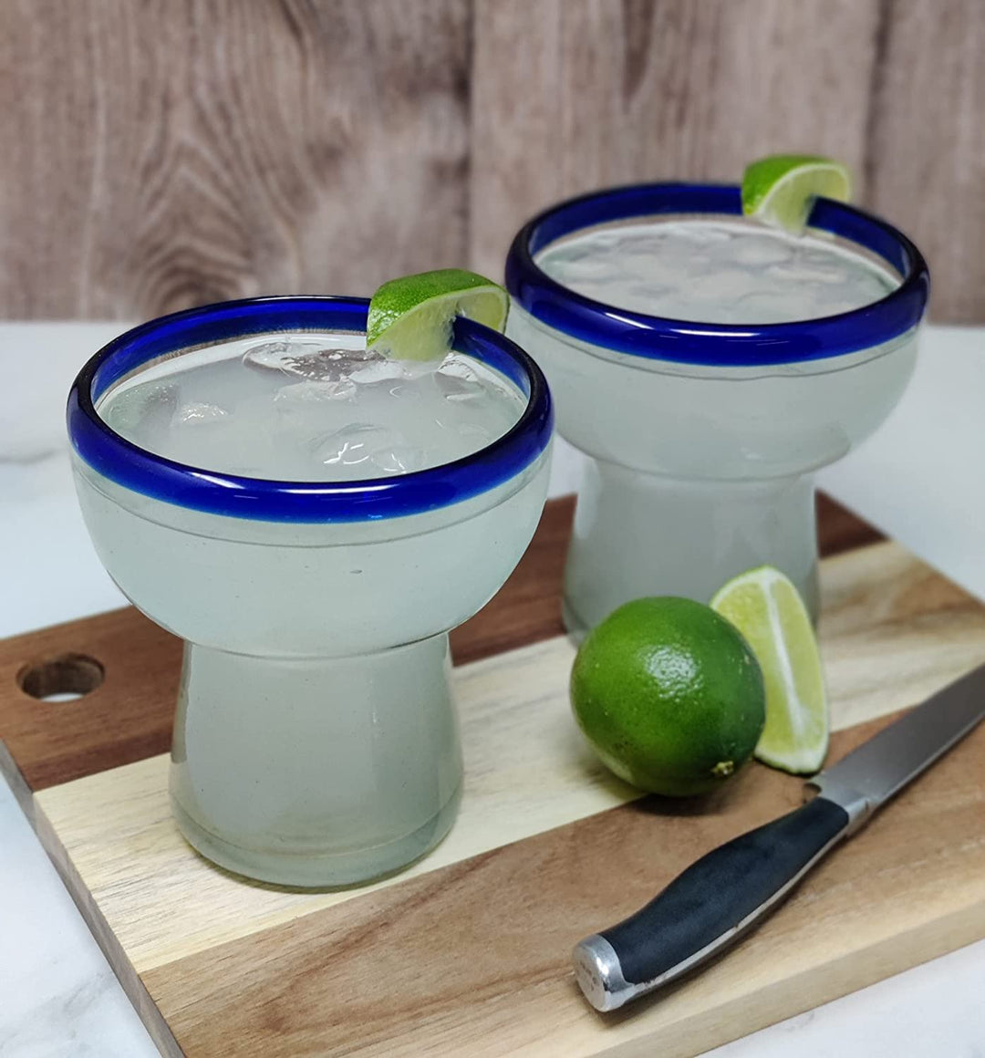 Dos Sueños Mexikanisches mundgeblasenes Glas – Set mit 4 mundgeblasenen, stiellosen Margarita-Gläsern mit blauem Rand (14 Unzen)