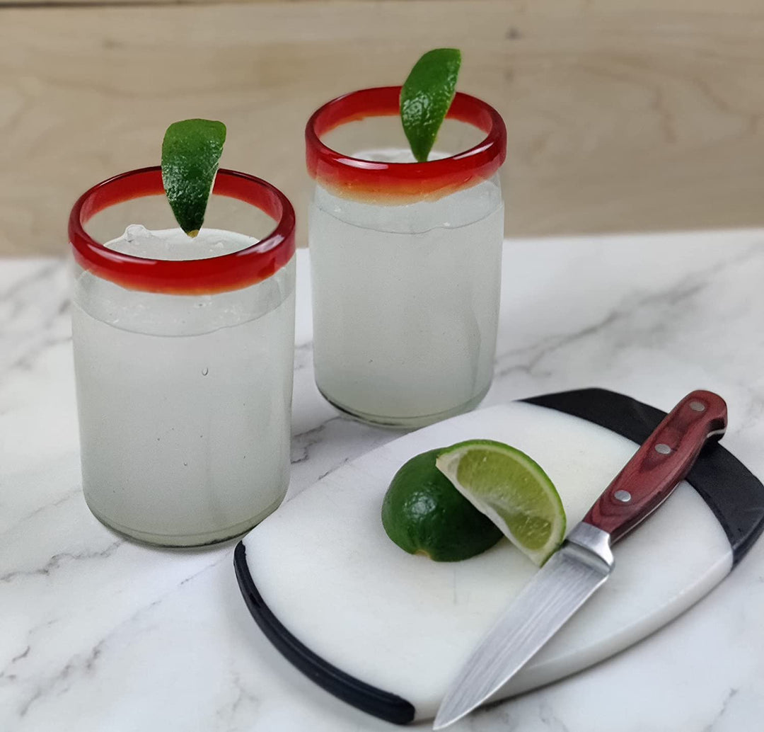 Mundgeblasene mexikanische Trinkgläser – Set mit 6 Gläsern mit rotem Rand (je 360 ​​ml)