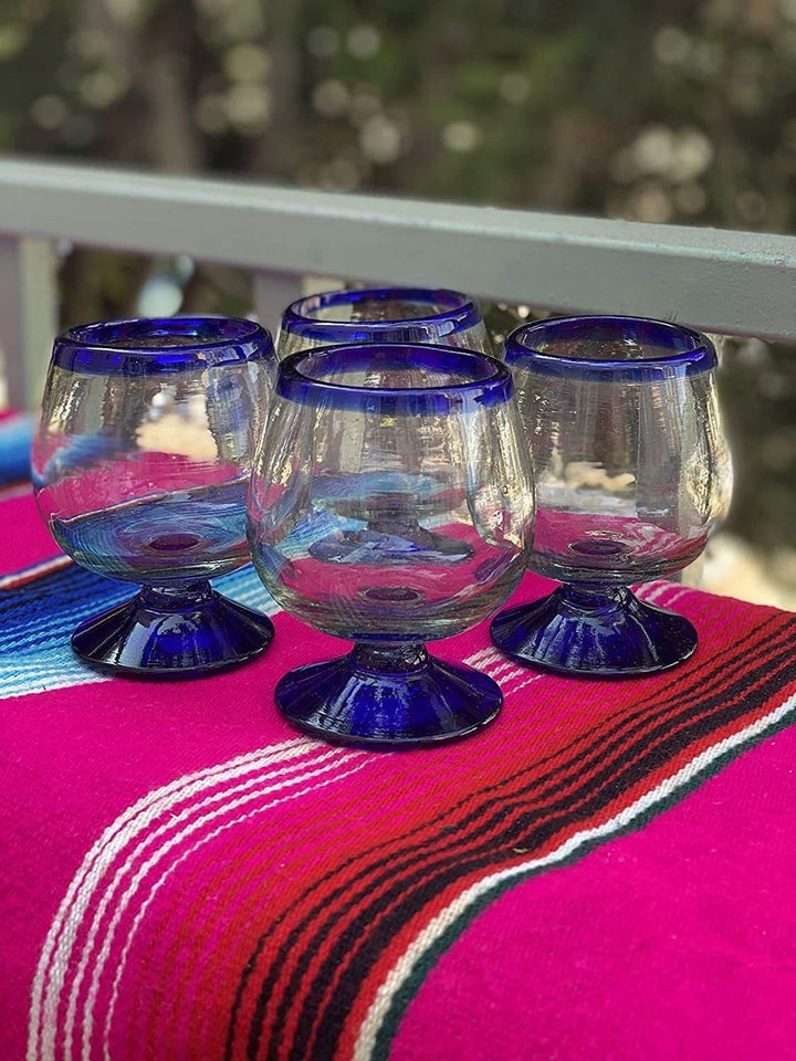 Mexican Hand Blown Glass – Set of 4 Hand Blown Cognac Snifter Glasses - Cobalt Blue Rim - Dos Sueños