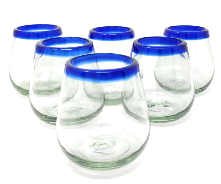 Hand Blown Mexican Stemless Wine Glasses - Set of 6 Glasses with Cobalt Blue Rims (15 oz)